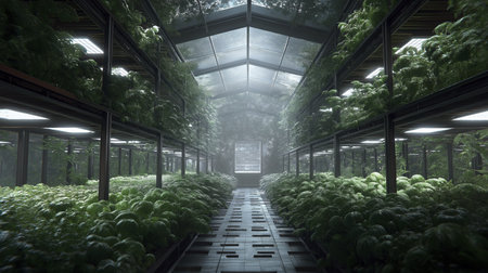 Lush greenhouse hydroponic farm indoor agriculture smart lighting automated system leafy greens modern architecture sustainable food foggyの素材