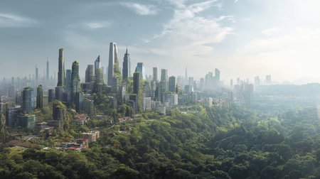 Futuristic city skyline green architecture eco city sustainable design urban forest modern towers misty morning panoramic view with aweの素材