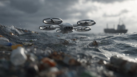 Autonomous drone ocean cleanup futuristic technology marine pollution rough sea plastic waste environmental rescue overcast sky floating debrisの素材