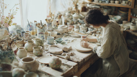 Calm pottery studio artisan shaping clay bowl, natural light, creative workspace, handcrafted ceramic art, serene focusの素材