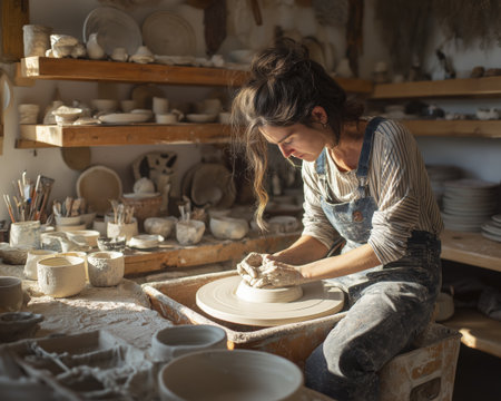 Ceramic artist pottery wheel clay studio sunlight craft hands apron rustic handmade pottery with calm focus and gentle warmthの素材