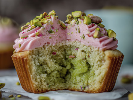 Cupcake cut half reveal interior filled pistachio frosting pink nuts moist cupcake cut half reveal interior filled with pistachio creamの素材