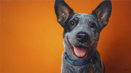 Blue heeler puppy, gray fur, brown ears, blue collar, dog portrait, orange background, happy smileの素材