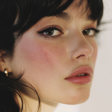 Soft light portrait glossy skin rosy cheek natural makeup winged eyeliner closeup beauty dewy glow serene moodの素材