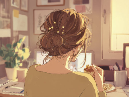 Cozy home office morning light, woman back view, messy bun hair, pastry snack, soft warm color palette, calm moodの素材