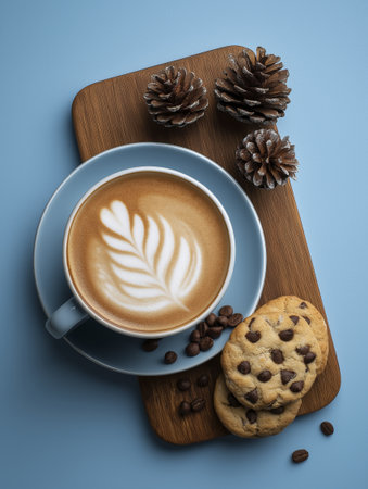 Latte art cup blue saucer wooden board chocolate chip cookie pine cone coffee bean, cozy flat lay moodの素材