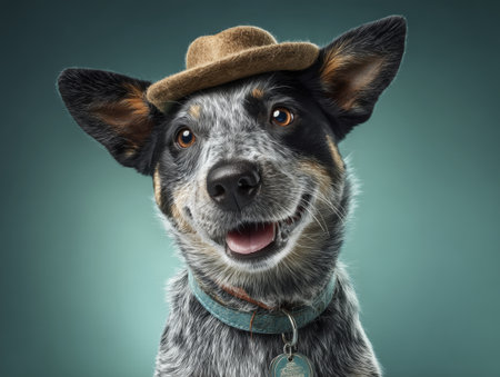 Blue heeler puppy hat happy close up smiling portrait teal background cuteの素材
