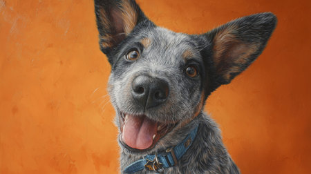 Blue heeler puppy speckled fur brown ears happy dog orange background close up portraitの素材