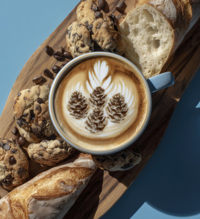 Pine cone latte art cappuccino coffee cup wooden board chocolate chip cookie baguette coffee bean blue backgroundの素材
