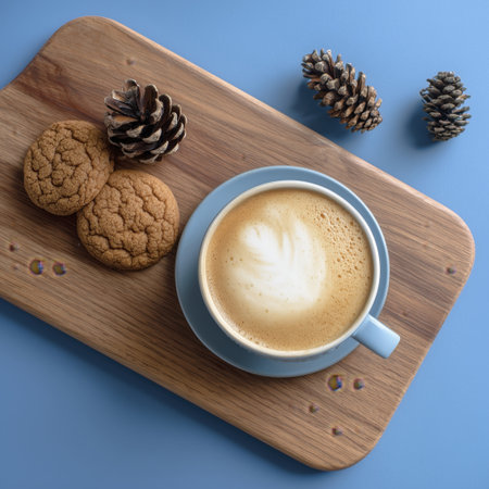 Coffee latte cookie pinecone wooden board blue background flat lay cozy warm mood creamy coffee latte with cookie and pineconeの素材