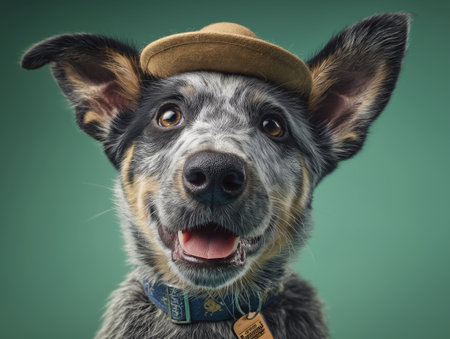 Blue heeler puppy hat happy expression close up portrait green background filled with joyの素材