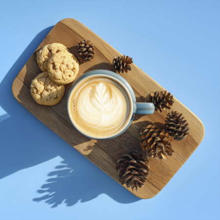 Coffee latte cookie pinecone wooden board blue background cup foam art joyfulの素材