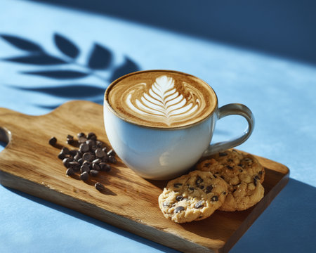 Creamy latte leaf latte art white cup wooden board chocolate chip cookie coffee bean morning lightの素材