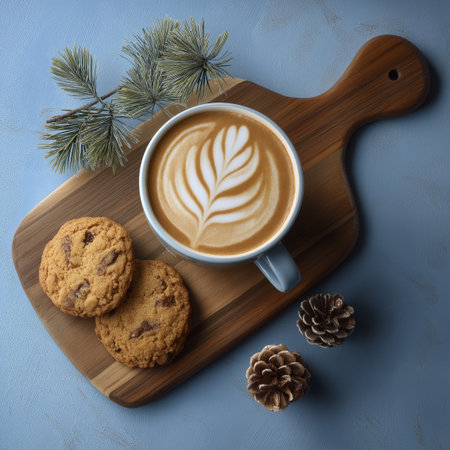Latte art cup wooden board chocolate chip cookie pine cone winter decor blue background cozy mood top viewの素材