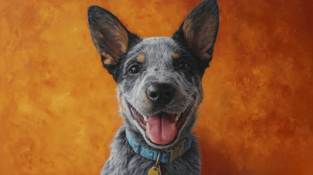 Cheerful dog portrait, blue collar, happy smile, orange background, perky ears, closeupの素材