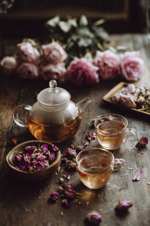 Glass teapot rose tea two cups dried rose wooden table rustic warm light floral cozy aromaticの素材