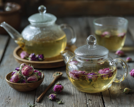 Glass teapot rose tea herbal infusion dried flower wooden table cozy steam transparent rustic cupの素材