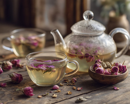 Rose green tea glass teapot glass cup dried rose herbal infusion wooden table cozy rustic steam relaxationの素材