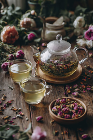 Glass teapot rose tea herbal infusion two cups dried rose wooden table cozy mood warm lightの素材