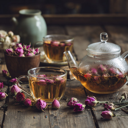 Glass teapot glass cup rose tea herbal drink rustic wood cozy mood clear glass teapot and cups with rose tea rustic woodの素材