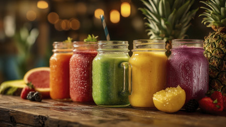 Colorful smoothie fruit mason jar tropical fresh cold assorted vibrant Smoothie lineup rustic wood evokes refreshmentの素材
