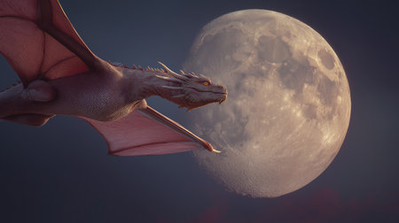 Dragon moon night fantasy flight sky silhouette mystic Soaring dragon near bright moon night sky, dramatic and mystic moodの素材