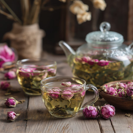 Rose tea glass teapot glass cup dried rose herbal brew wooden table warm light floral aroma rustic style cozy moodの素材