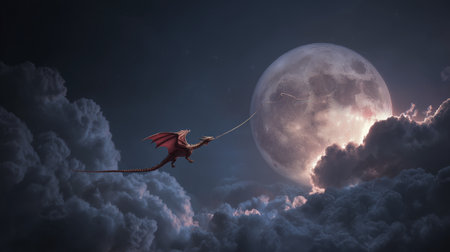 Dragon moon night sky cloud fantasy flying glow dragon flying toward moon through misty night cloud, fantasy mood with magicalの素材