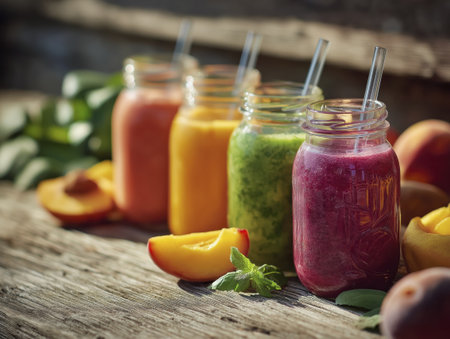 Colorful smoothie fruit vegetable glass jar straw rustic table fresh summerの素材