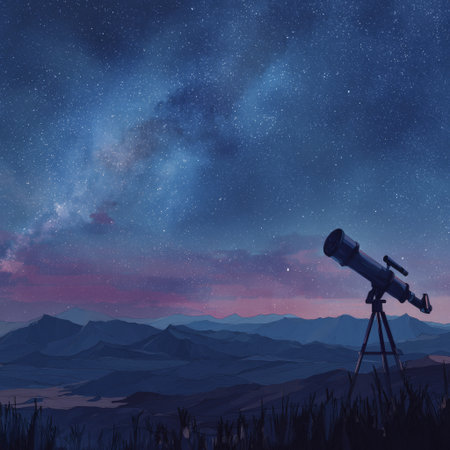Telescope starry night sky mountain landscape Milky Way horizon glow under starlight inspires calm wonderの素材