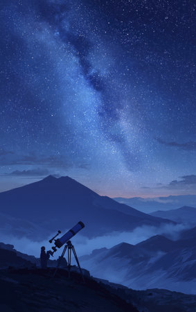Telescope mountain starry sky night milky way astronomer silhouette landscape Awe under starry sky and mountainの素材