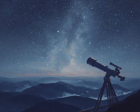 Telescope night starry sky mountain landscape astronomy serene view under milky way inspires wonder and calmの素材