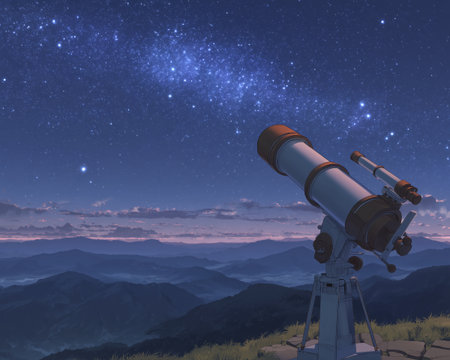 Starry night sky telescope mountain landscape astronomy stargazing Milky Way night panoramaの素材