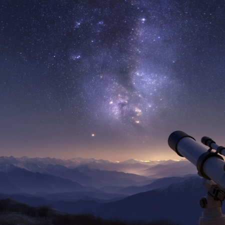 Starry sky telescope night mountain horizon galaxy twilight serene mood observation scene under calm heavensの素材