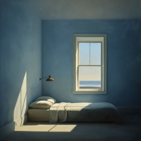 Serene minimalist blue room with open window, small bed, soft light, calm mood, coastal view, quiet morningの素材