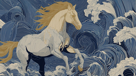 Golden horse blue waves white stripes line art illustration dynamic motion elegant equine ocean foamの素材