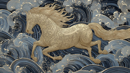 Golden horse blue wave white stripe ornate pattern flowing mane fantasy art embossed metal dynamic motionの素材