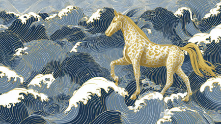 Golden horse blue waves white foam patterned coat elegant art surreal seascape line art decorativeの素材
