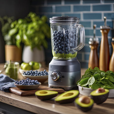 Blueberries avocado spinach blender kitchen counter smoothie ingredients freshの素材