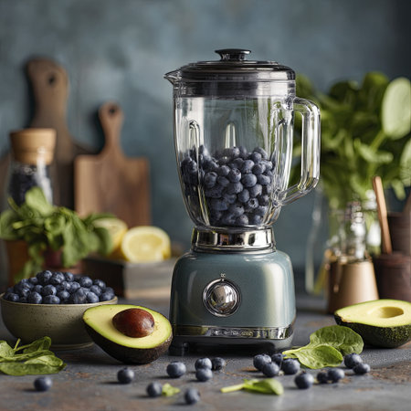 Blueberries avocado spinach blender kitchen fresh healthy smoothie glass fruit blend with joy in homeの素材