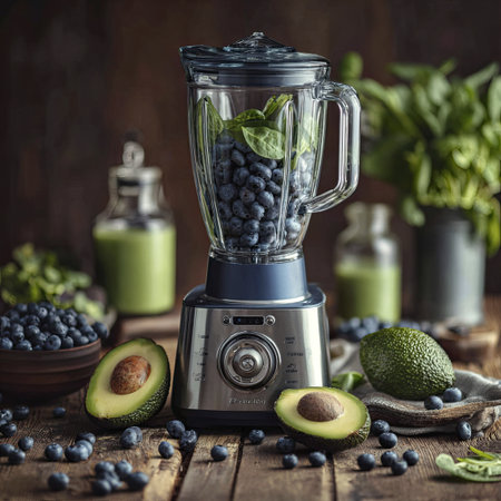 Blender blueberries avocado spinach smoothie kitchen fresh healthy blend, inviting and vibrant for morning energyの素材