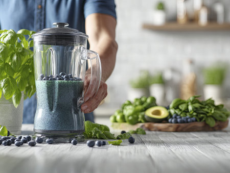 Blueberry avocado spinach smoothie blender glass jar kitchen counter fresh basil healthy breakfast vibrantの素材
