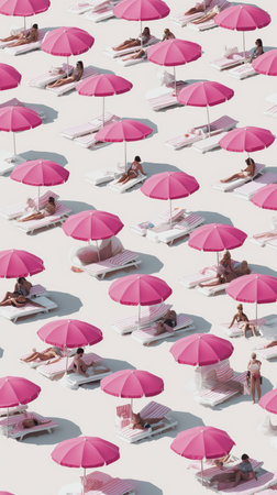Pink beach umbrella summer sunbathing aerial pattern white sand striped towel relaxing vibeの素材