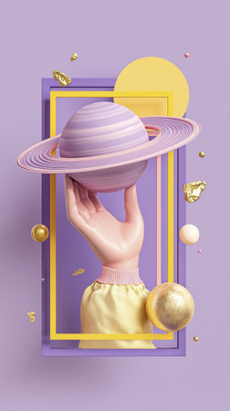Hand planet pastel surreal space cosmic art, 3D render purple yellow frame, whimsical dreamy mood floating shapesの素材