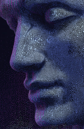 Blue dots purple dots mosaic texture abstract face side profile digital art modern geometric pattern closeup evokes calm focusの素材