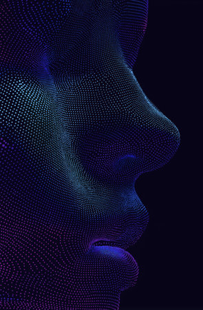 Blue dots purple dots digital face abstract portrait side profile dark background futuristic neon glow Elegant digital faceの素材