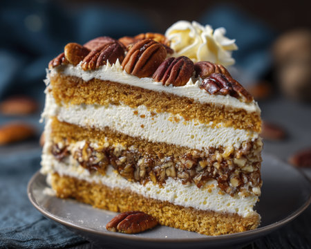Pecan cake slice caramel frosting nutty layered dessert sweet confection delight with rich texture and cozy moodの素材
