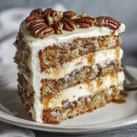 Pecan pie layer cake slice with cream frosting, caramel filling, nut topping, moist crumb, indulgent dessert delightの素材