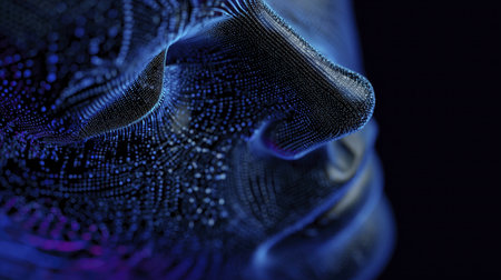 Digital head artificial intelligence technology blue abstract face data mesh dots shimmer with calm intrigueの素材