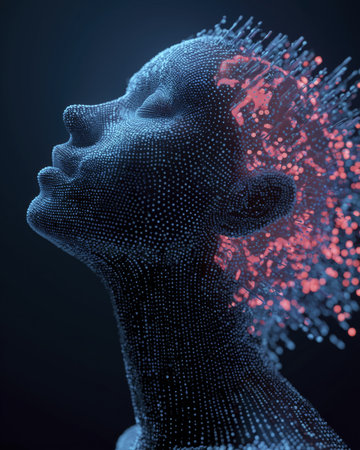 Neon face profile digital dots blue glow red particles abstract art cyber dreamy futuristic moodの素材